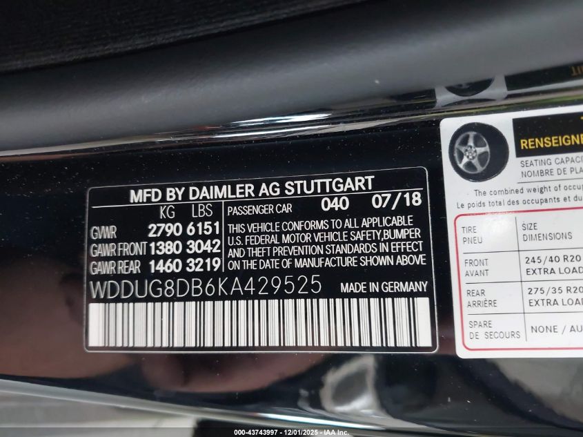 2019 Mercedes-Benz S 560 VIN: WDDUG8DB6KA429525 Lot: 43743997