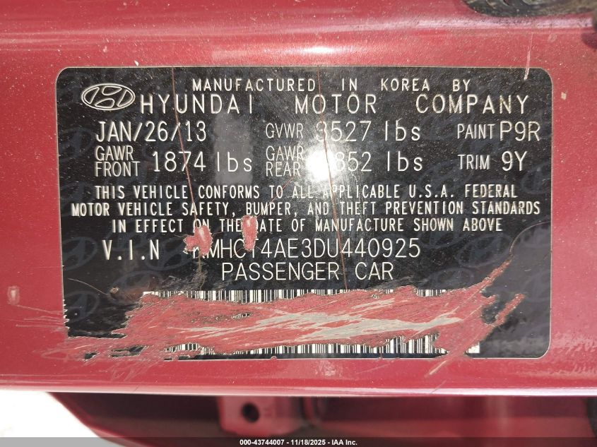 2013 Hyundai Accent Gls VIN: KMHCT4AE3DU440925 Lot: 43744007
