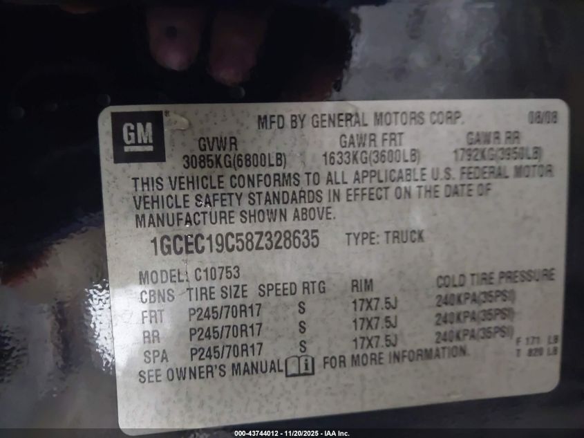 2008 Chevrolet Silverado 1500 Ls VIN: 1GCEC19C58Z328635 Lot: 43744012