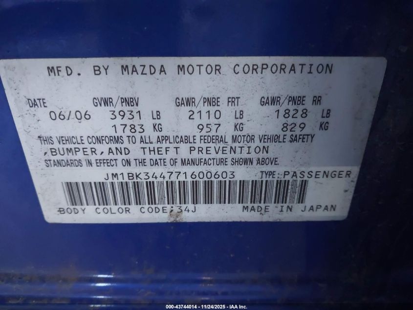 2007 Mazda Mazda3 S Touring VIN: JM1BK344771600603 Lot: 43744014