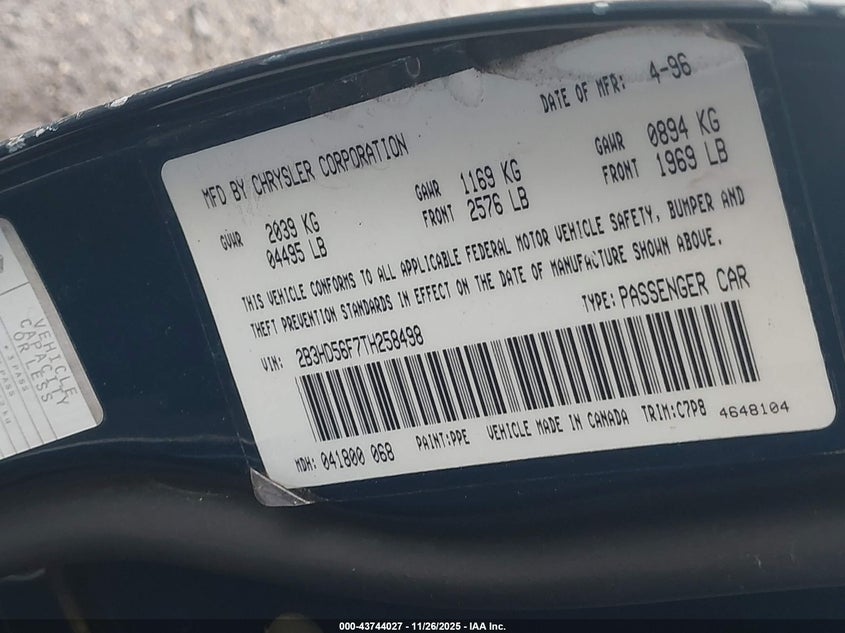 1996 Dodge Intrepid Es VIN: 2B3HD56F7TH258498 Lot: 43744027