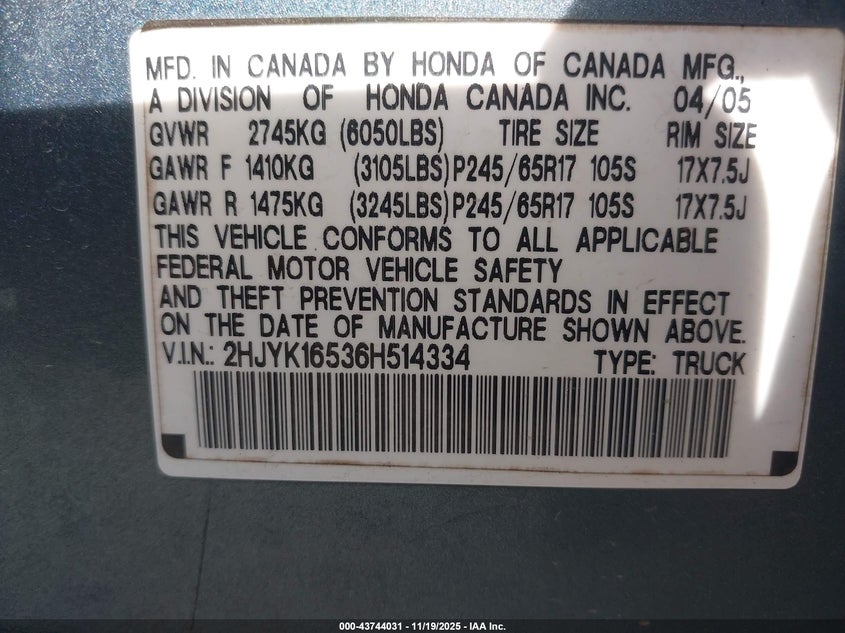 2006 Honda Ridgeline Rtl VIN: 2HJYK16536H514334 Lot: 43744031