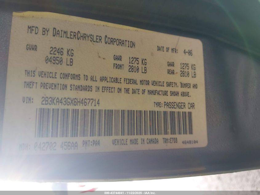 2006 Dodge Charger VIN: 2B3KA43GX6H467714 Lot: 43744041