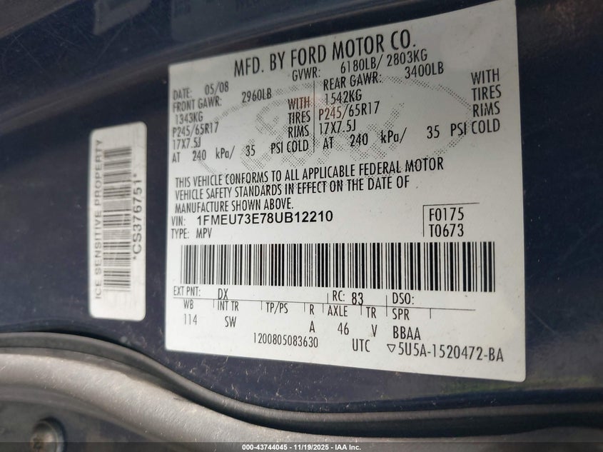 1FMEU73E78UB12210 2008 FORD EXPLORER photo no. 9