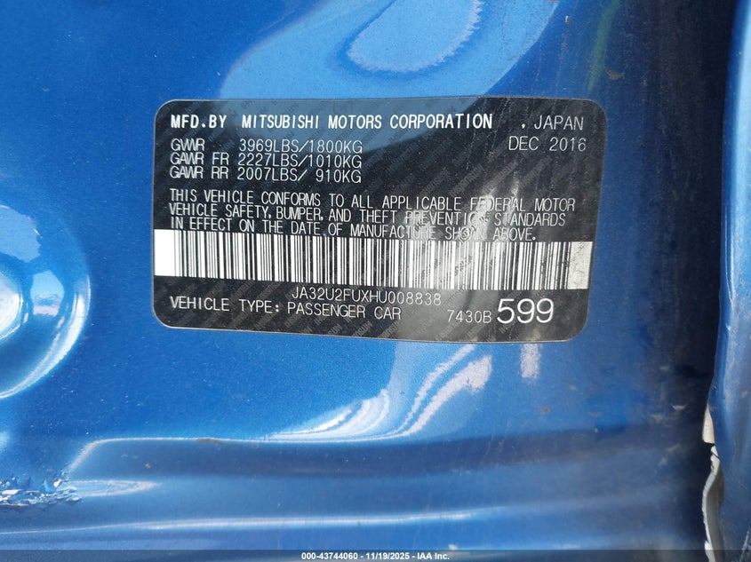 2017 Mitsubishi Lancer Es VIN: JA32U2FUXHU008838 Lot: 43744060