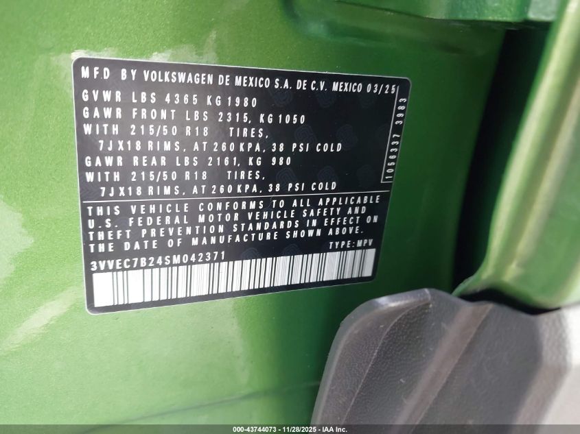 2025 Volkswagen Taos 1.5T Se VIN: 3VVEC7B24SM042371 Lot: 43744073