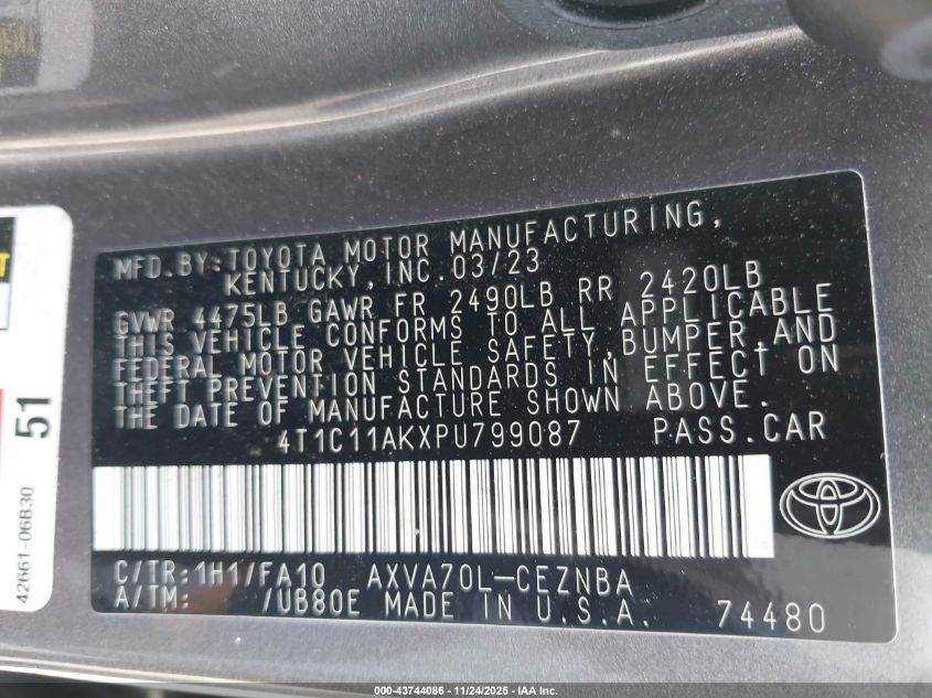 2023 Toyota Camry Le VIN: 4T1C11AKXPU799087 Lot: 43744086