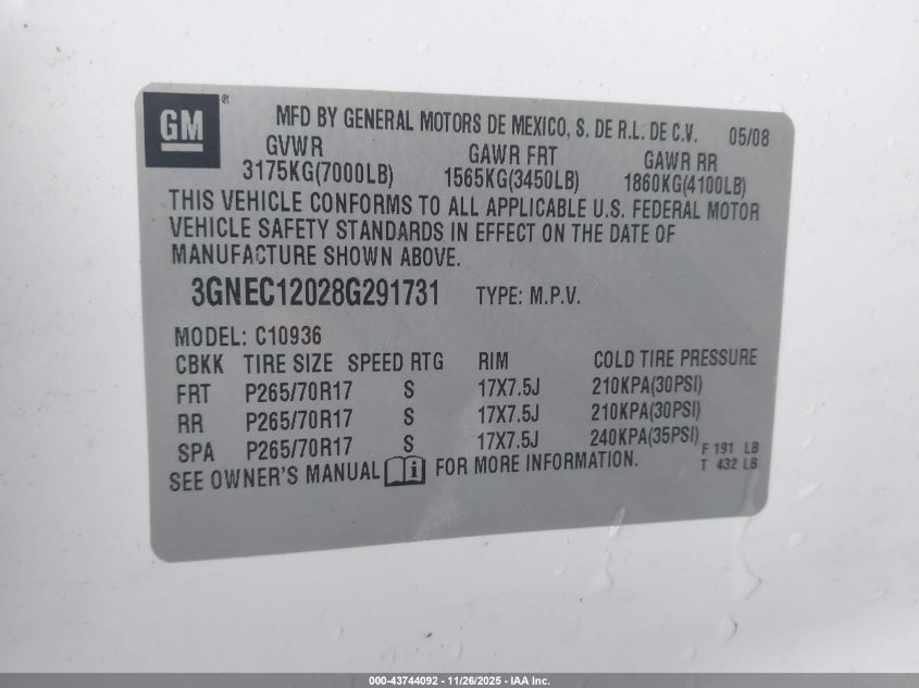 2008 Chevrolet Avalanche 1500 Ls VIN: 3GNEC12028G291731 Lot: 43744092