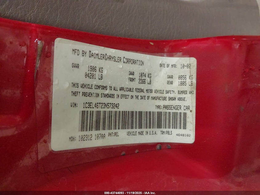 2003 Chrysler Sebring Lx VIN: 1C3EL46T23N573242 Lot: 43744093