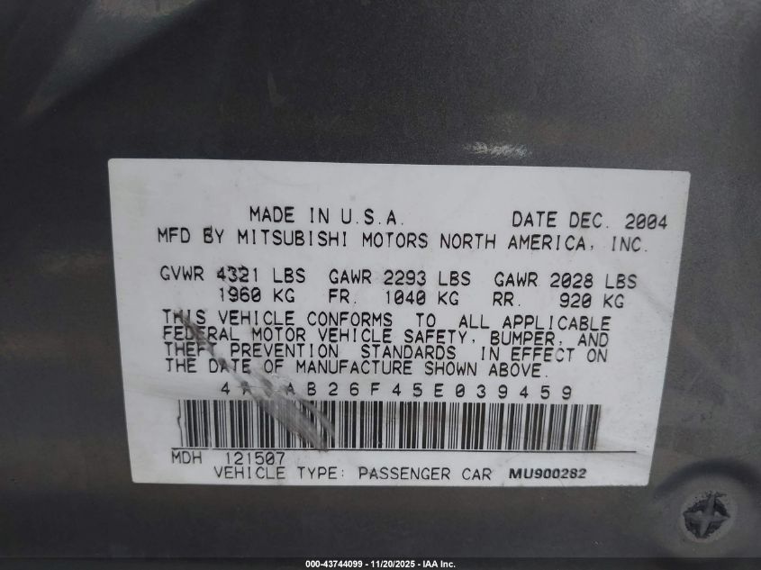 2005 Mitsubishi Galant De VIN: 4A3AB26F45E039459 Lot: 43744099