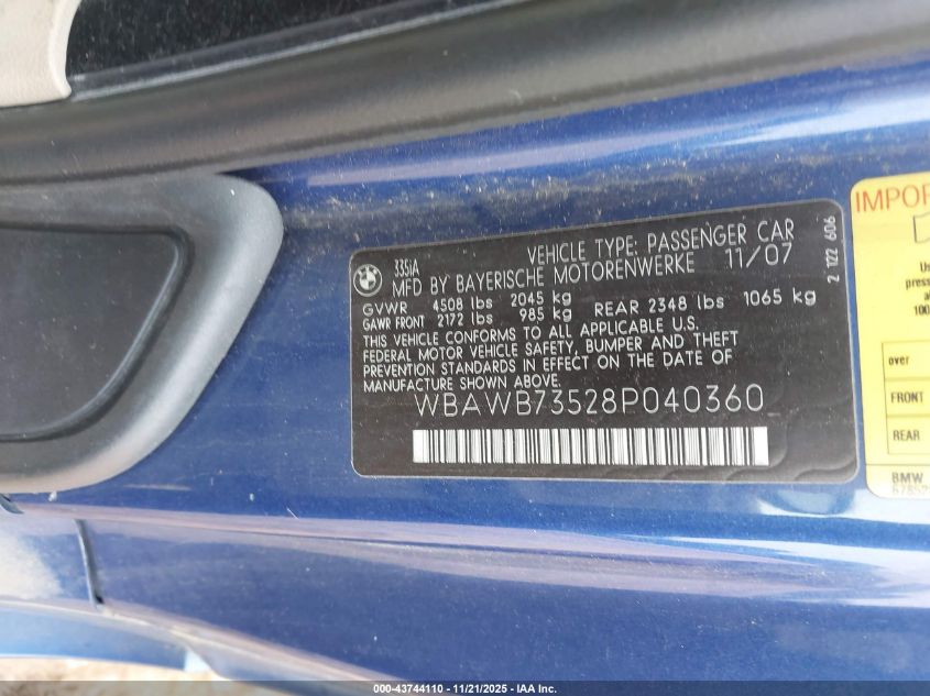 2008 BMW 335I VIN: WBAWB73528P040360 Lot: 43744110