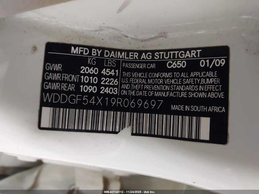 2009 Mercedes-Benz C 300 Sport VIN: WDDGF54X19R069697 Lot: 43744112