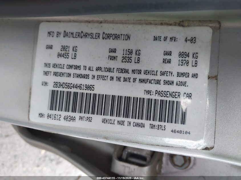 2004 Dodge Intrepid Es/Sxt VIN: 2B3HD56G44H619065 Lot: 43744115