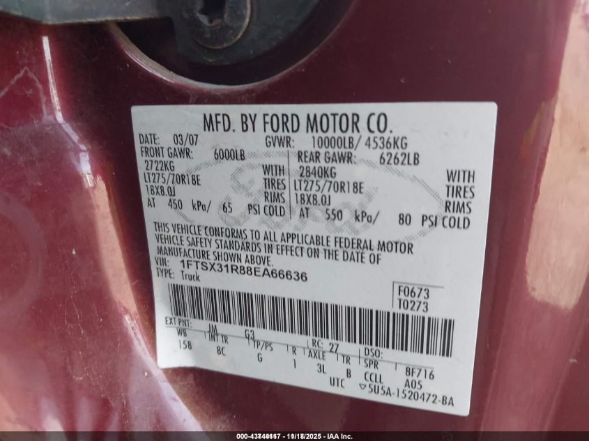 2008 Ford F-350 Fx4/Lariat/Xl/Xlt VIN: 1FTSX31R88EA66636 Lot: 43744117