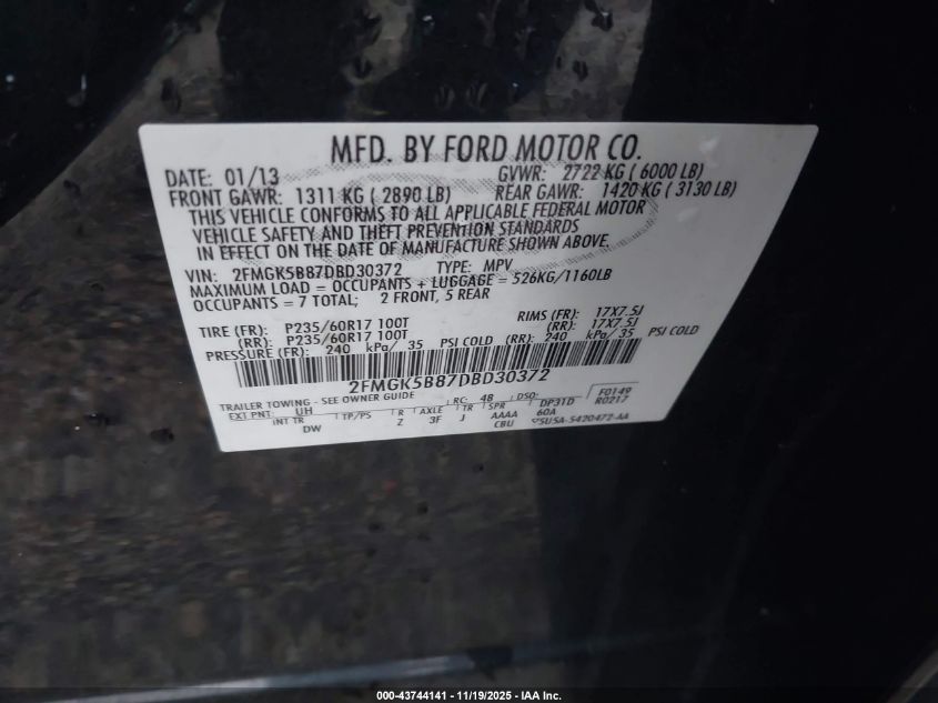 2013 Ford Flex Se VIN: 2FMGK5B87DBD30372 Lot: 43744141