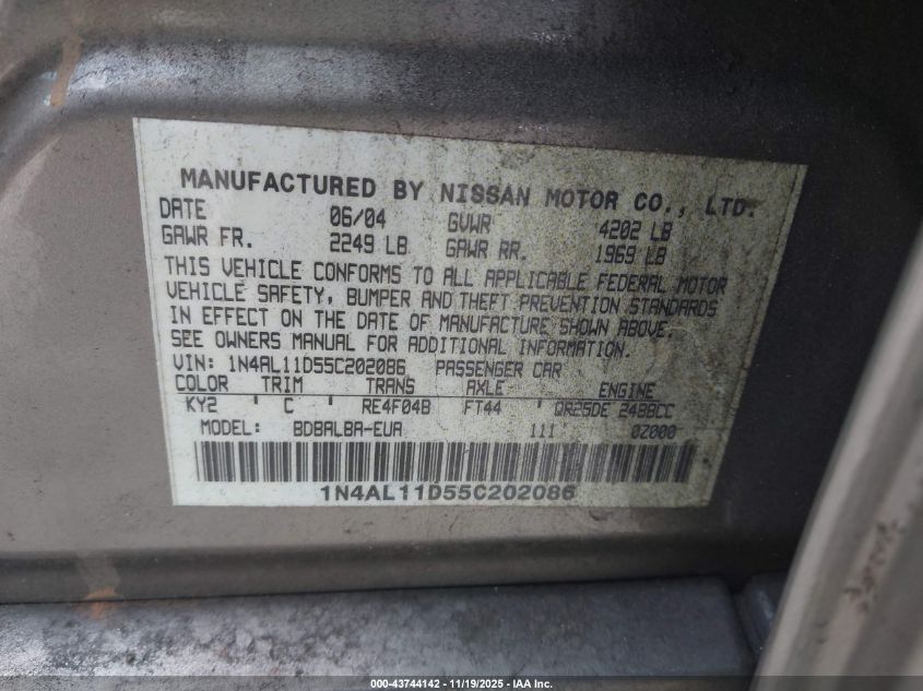 2005 Nissan Altima 2.5 S VIN: 1N4AL11D55C202086 Lot: 43744142