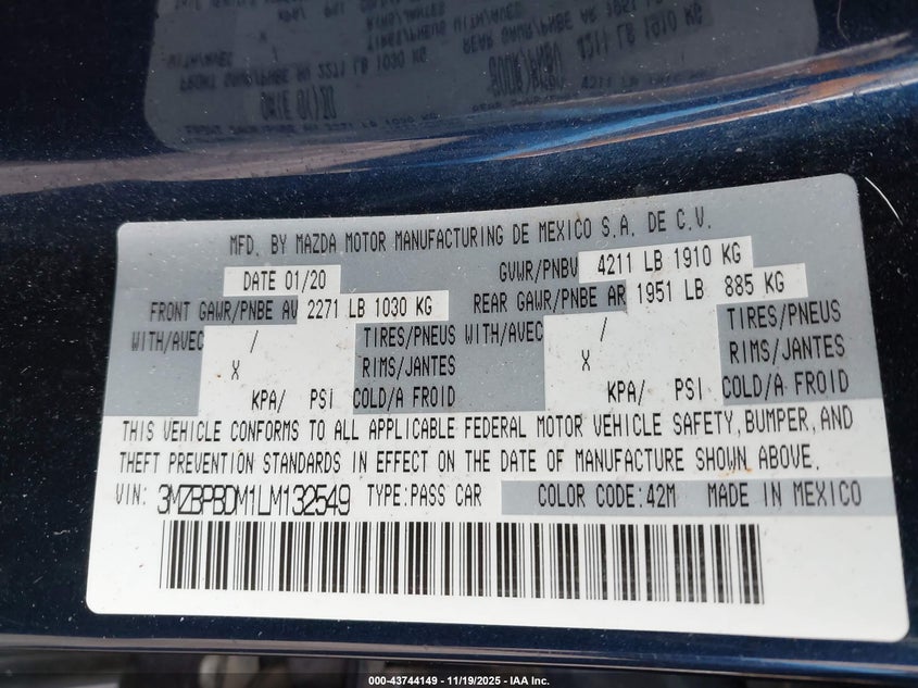 2020 Mazda Mazda3 Preferred Package VIN: 3MZBPBDM1LM132549 Lot: 43744149