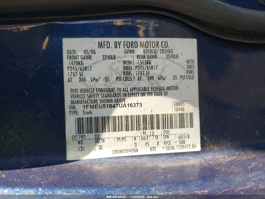 2007 Ford Explorer Sport Trac Xlt VIN: 1FMEU51847UA16373 Lot: 43744151