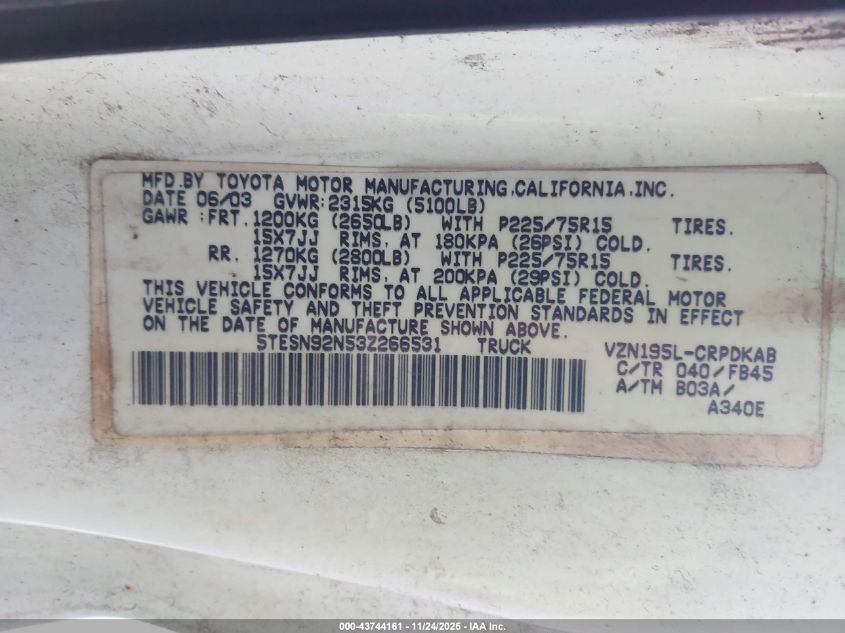 2003 Toyota Tacoma Prerunner V6 VIN: 5TESN92N53Z266531 Lot: 43744161