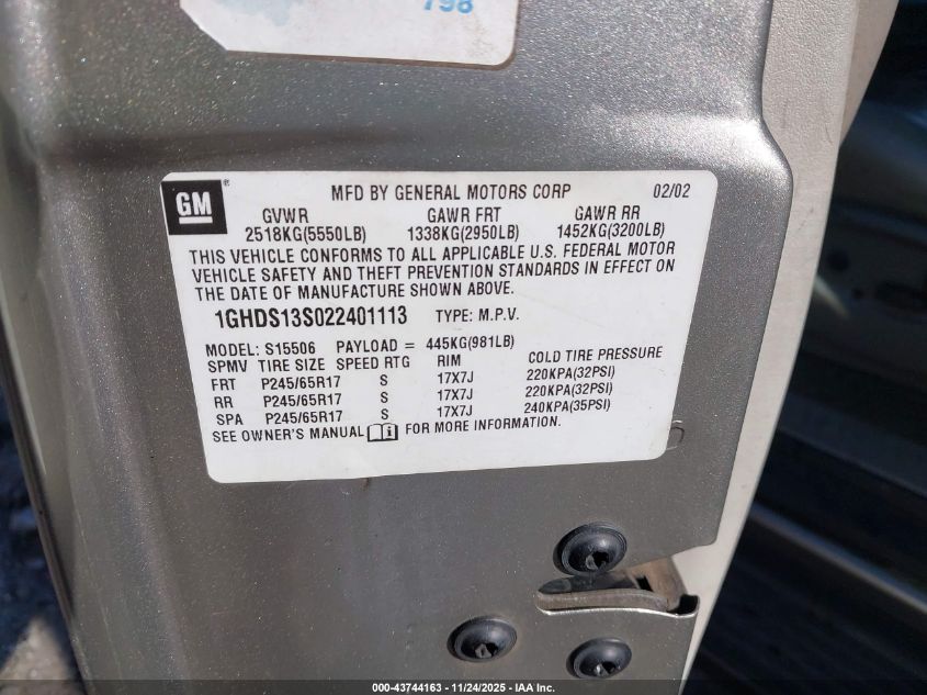 2002 Oldsmobile Bravada VIN: 1GHDS13S022401113 Lot: 43744163