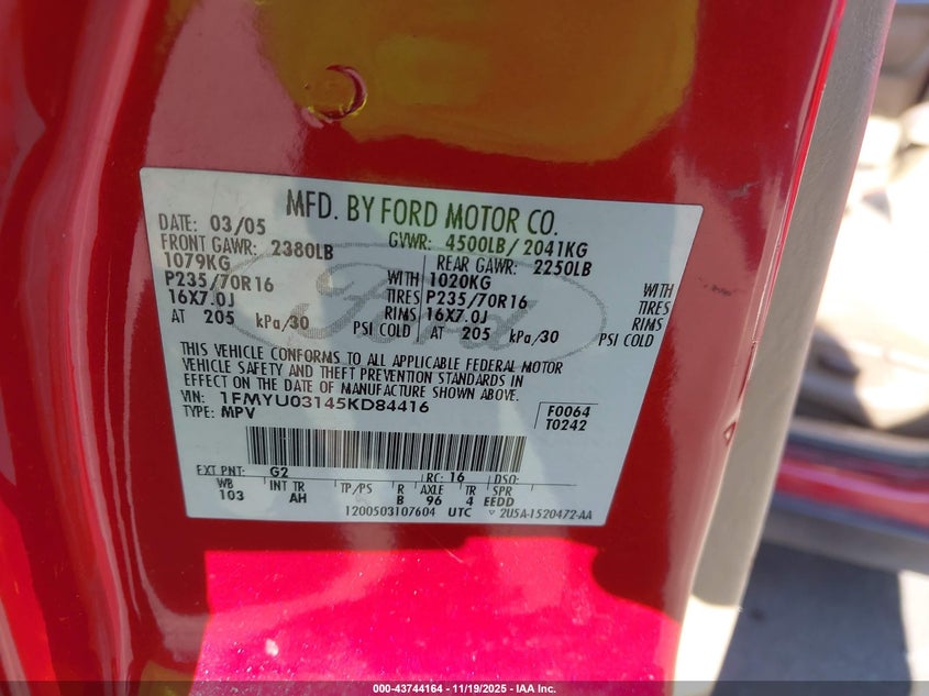 2005 Ford Escape Xlt VIN: 1FMYU03145KD84416 Lot: 43744164