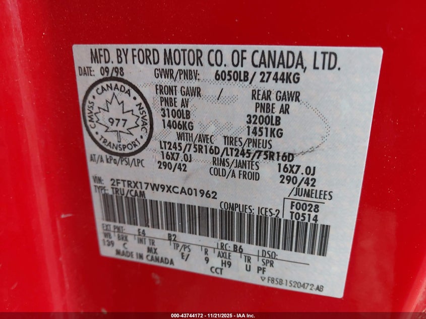 1999 Ford F-150 Lariat/Work Series/Xl/Xlt VIN: 2FTRX17W9XCA01962 Lot: 43744172