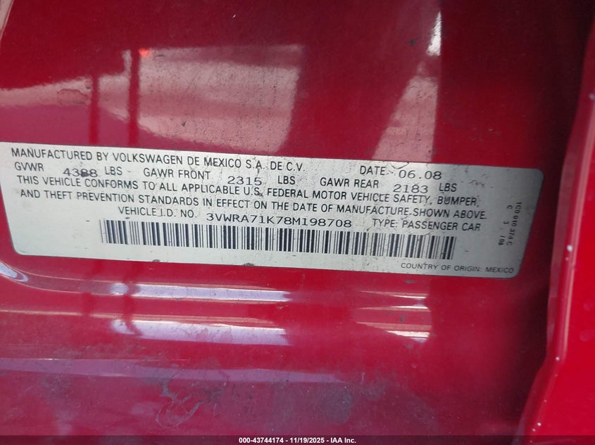 2008 Volkswagen Jetta Wolfsburg Edition VIN: 3VWRA71K78M198708 Lot: 43744174