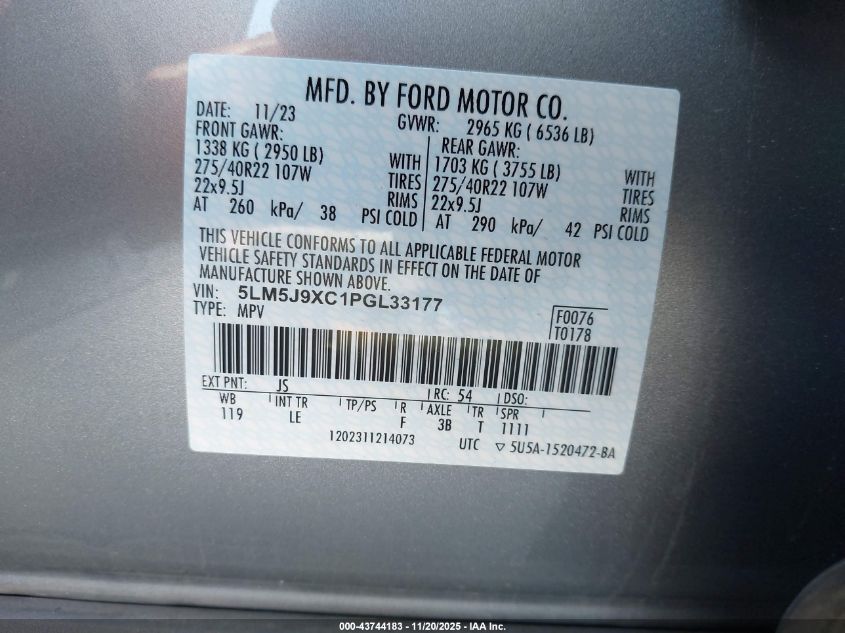 2023 Lincoln Aviator Black Label VIN: 5LM5J9XC1PGL33177 Lot: 43744183