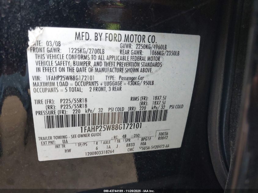 2008 Ford Taurus Limited VIN: 1FAHP25W88G172101 Lot: 43744189