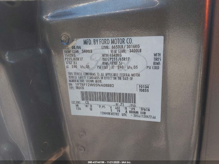 2005 Ford F-150 Stx/Xl/Xlt VIN: 1FTRF12W05NA08882 Lot: 43744196