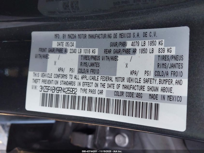2024 Mazda Mazda3 2.5 S Select Sport VIN: 3MZBPABM9RM425962 Lot: 43744201