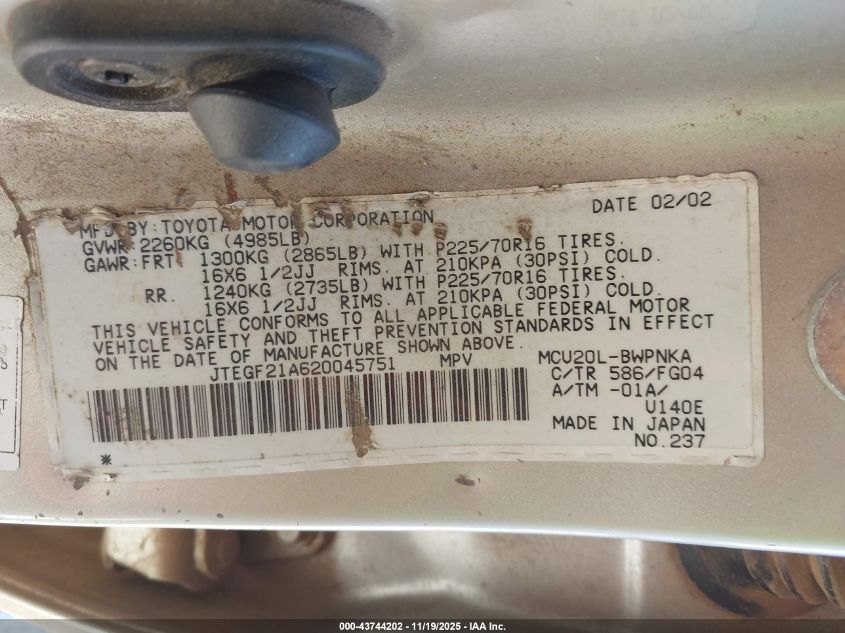 2002 Toyota Highlander V6 VIN: JTEGF21A620045751 Lot: 43744202