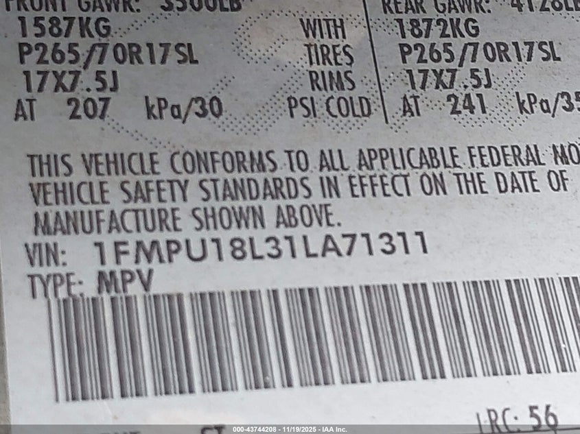 2001 Ford Expedition Eddie Bauer VIN: 1FMPU18L31LA71311 Lot: 43744208