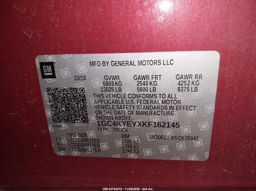 2019 Chevrolet Silverado 3500Hd High Country VIN: 1GC4KYEYXKF162145 Lot: 43744219