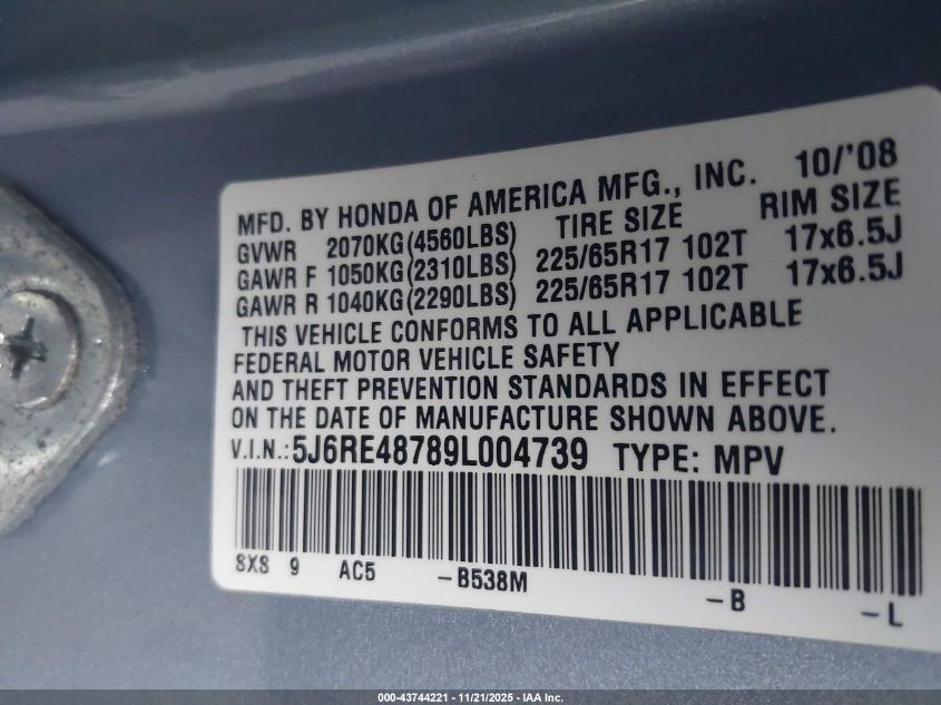 2009 Honda Cr-V Ex-L VIN: 5J6RE48789L004739 Lot: 43744221