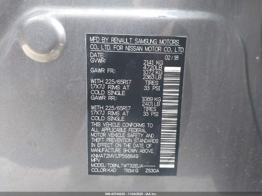 2018 Nissan Rogue Sv VIN: KNMAT2MV1JP568649 Lot: 43744238