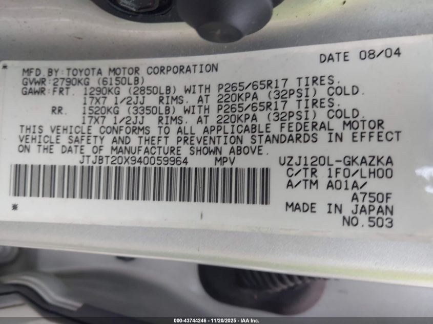 2004 Lexus Gx 470 VIN: JTJBT20X940059964 Lot: 43744246