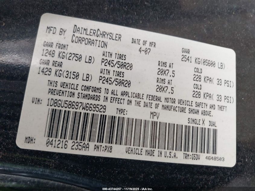 2007 Dodge Nitro Slt/Rt VIN: 1D8GU58697W669529 Lot: 43744257