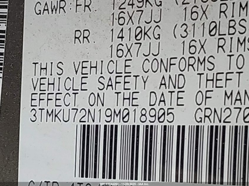 2009 Toyota Tacoma Prerunner V6 VIN: 3TMKU72N19M018905 Lot: 43744261