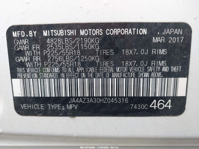 2017 Mitsubishi Outlander Se VIN: JA4AZ3A30HZ045316 Lot: 43744269