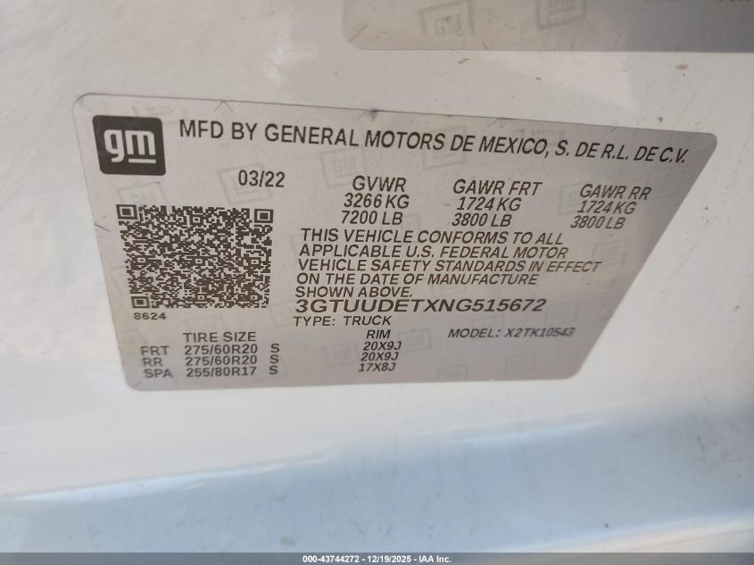 2022 GMC Sierra 1500 Slt VIN: 3GTUUDETXNG515672 Lot: 43744272