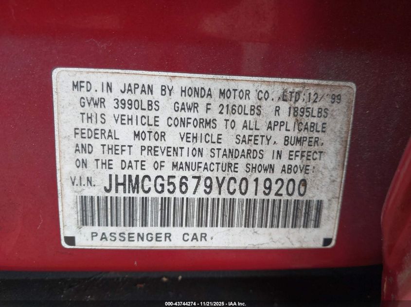 2000 Honda Accord 2.3 Se VIN: JHMCG5679YC019200 Lot: 43744274