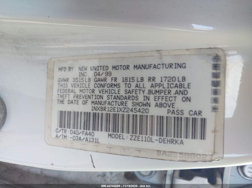 1999 Toyota Corolla VIN: INXBR12E1XZ245420 Lot: 43744289