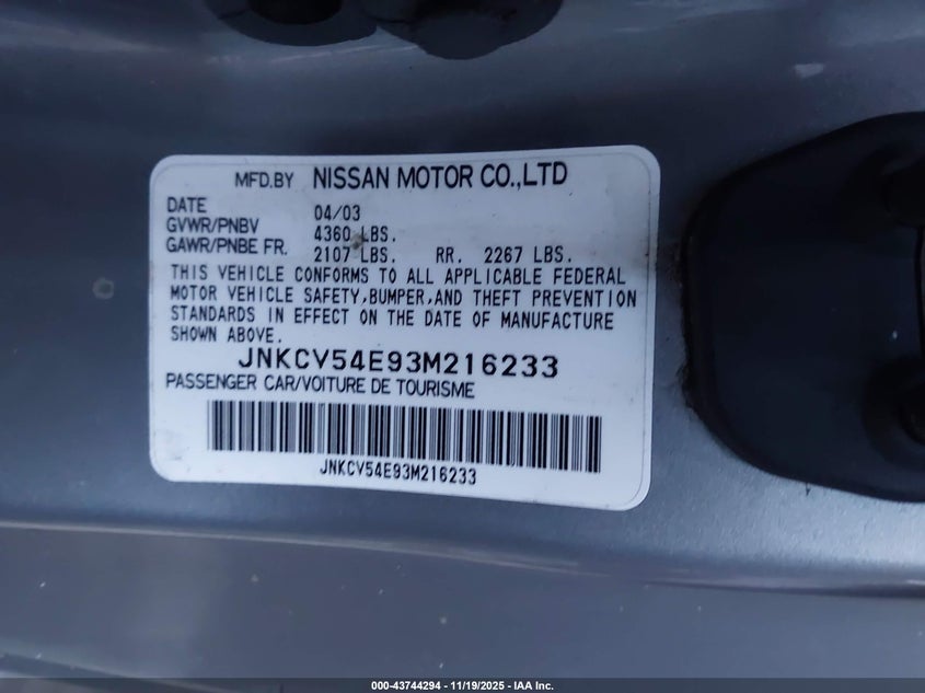 2003 Infiniti G35 Base W/Leather VIN: JNKCV54E93M216233 Lot: 43744294