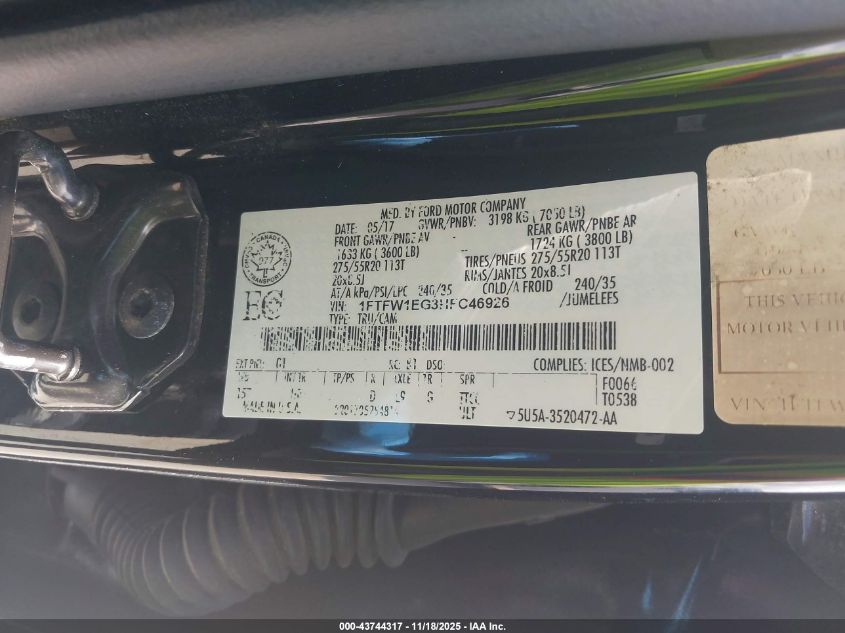 2017 Ford F-150 Lariat VIN: 1FTFW1EG3HFC46926 Lot: 43744317