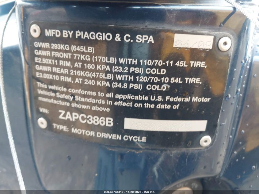 2008 Vespa Lx 50 VIN: ZAPC386B785009075 Lot: 43744319