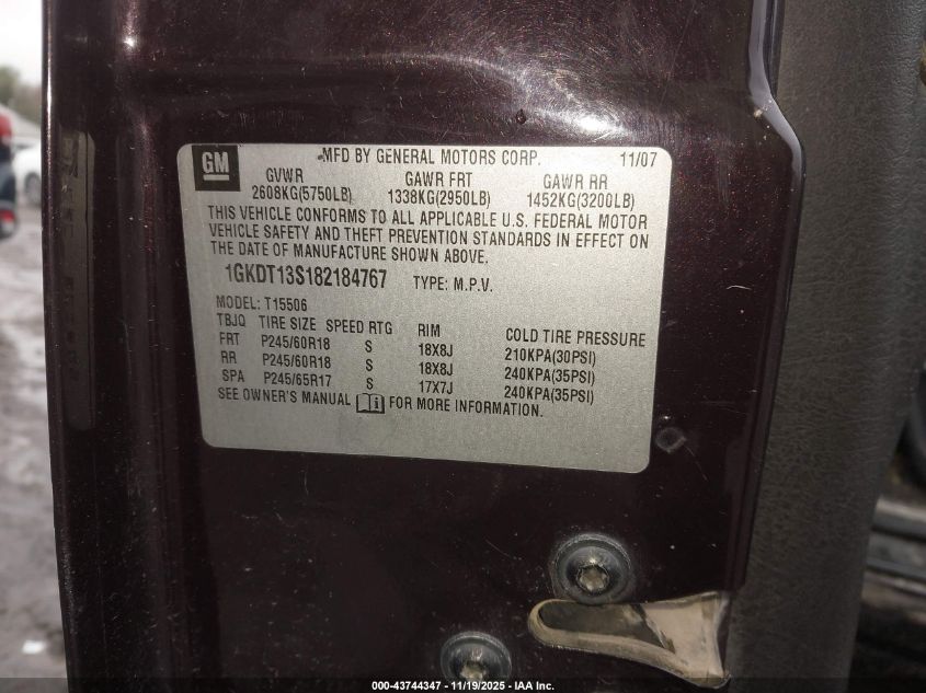 2008 GMC Envoy Slt VIN: 1GKDT13S182184767 Lot: 43744347