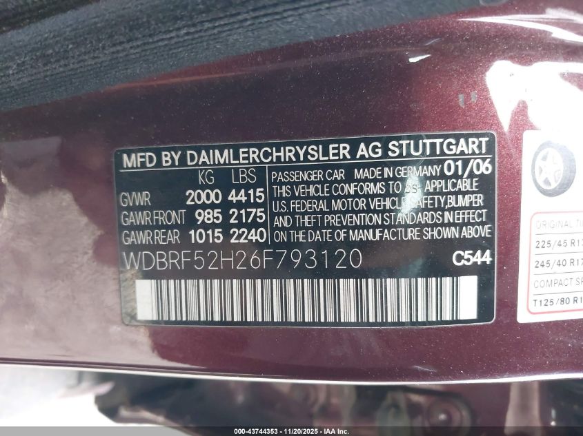 2006 Mercedes-Benz C 230 Sport VIN: WDBRF52H26F793120 Lot: 43744353