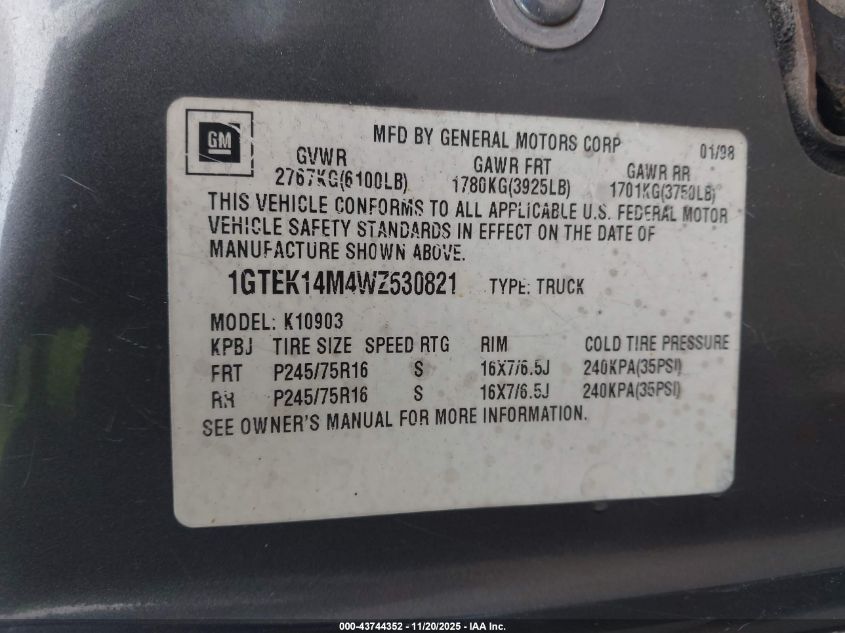 1998 GMC Sierra 1500 Sl Wideside VIN: 1GTEK14M4WZ530821 Lot: 43744352