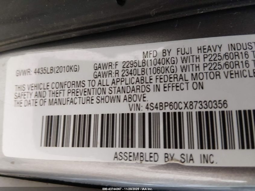 2008 Subaru Outback VIN: 4S4BP60CX87330356 Lot: 43744367